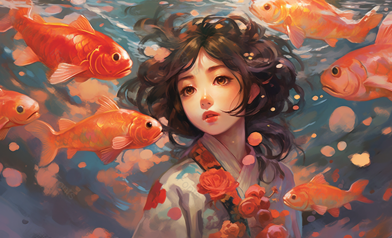 红鲤鱼锦鲤少女手绘插画背景,插画/手绘图,插画/手绘图库,插画/手绘图下载,插画/手绘